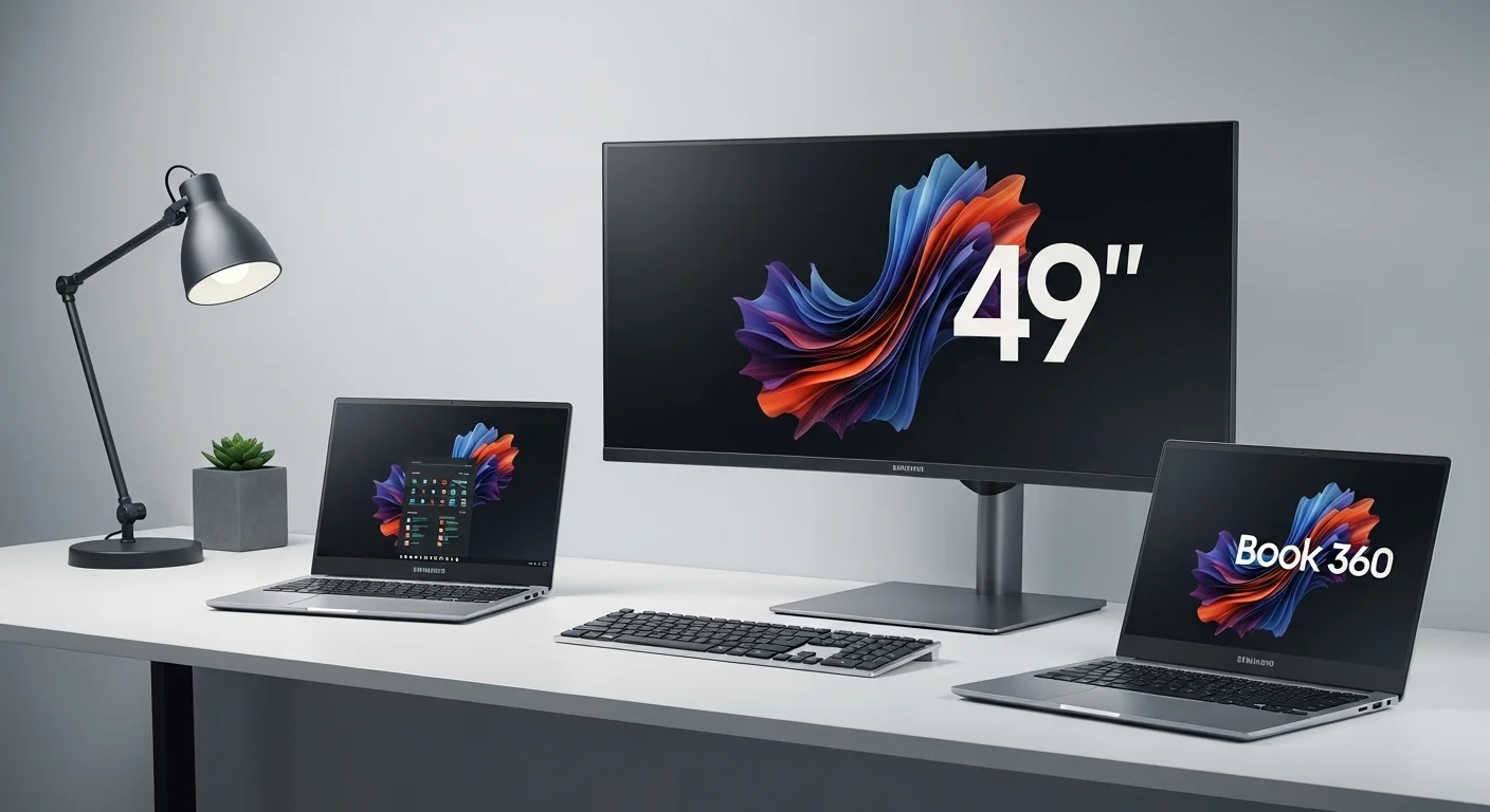 Una laptop convertible Samsung Book 360 y un monitor curvo Samsung 49 en un escritorio moderno, mostrando el ecosistema de computadoras Samsung.