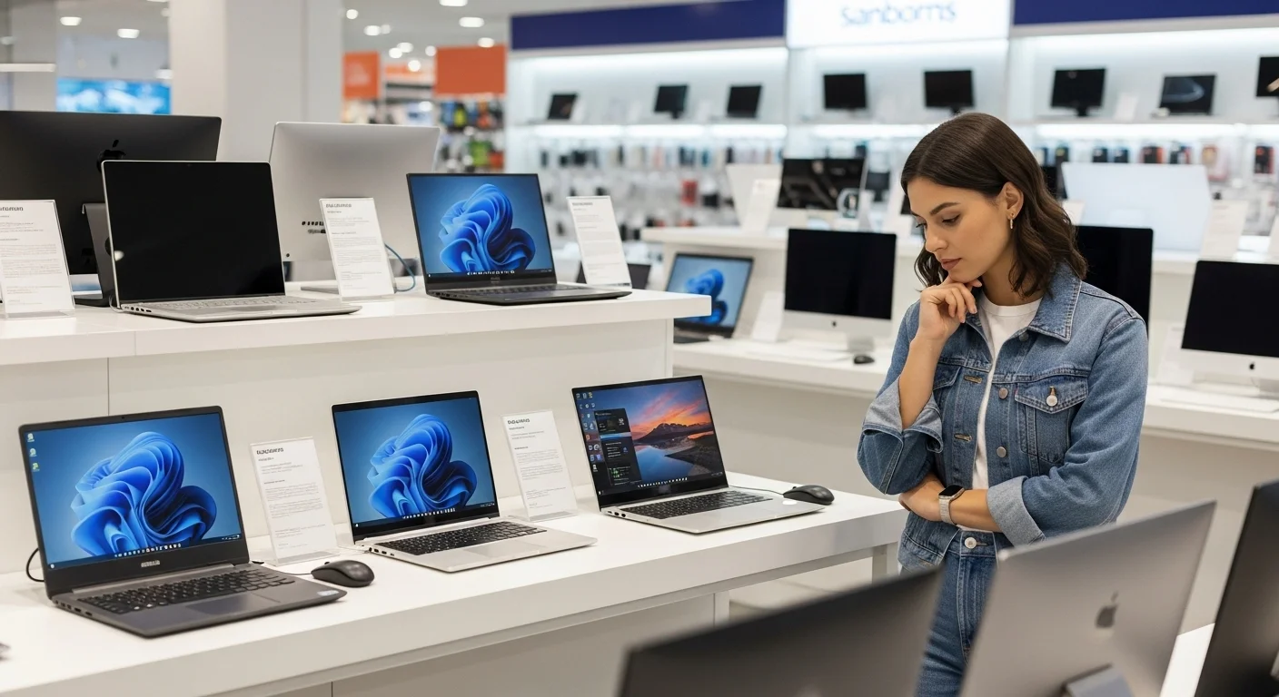 Una selección de laptops y computadoras de varias marcas exhibidas en el departamento de tecnología de una tienda Sanborns, con un cliente observando los modelos.