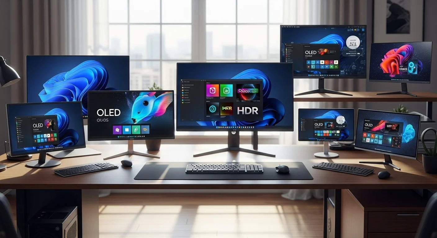 Una variedad de monitores de computadora de diferentes pulgadas de pantalla en un escritorio de oficina moderno.