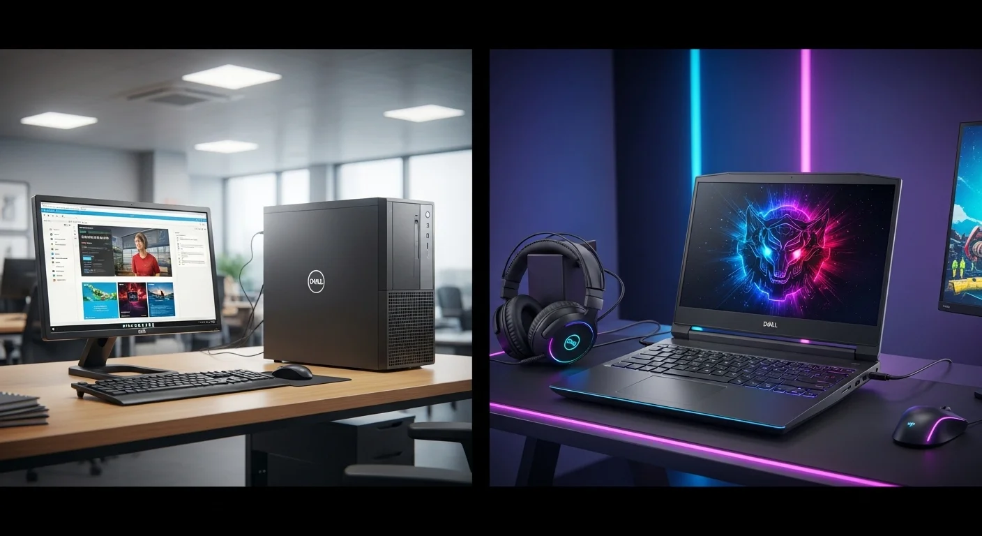Una composición de computadoras de la serie 7000, mostrando una Dell OptiPlex 7000 en un entorno de oficina y una laptop Dell Inspiron 15 7000 Gaming en una configuración de juego.