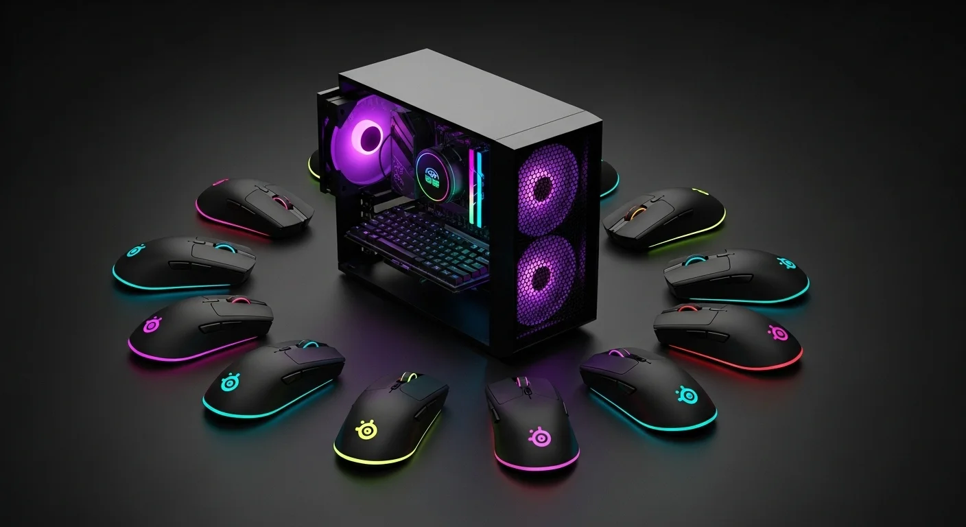 Una composición de varios ratones de la serie SteelSeries Rival dispuestos alrededor de una computadora de gaming iluminada con RGB.