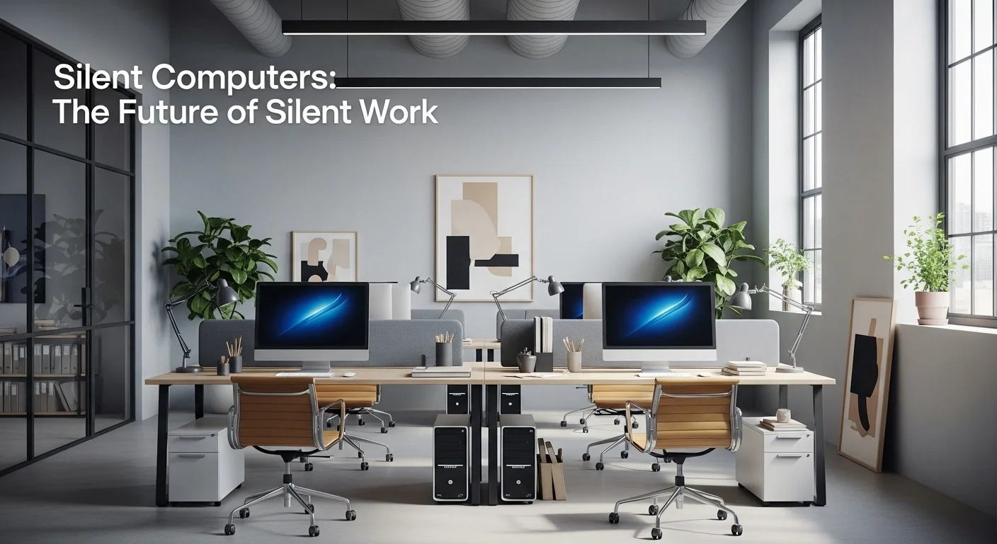 Una moderna oficina con varias computadoras silent, destacando un entorno de trabajo tranquilo y productivo