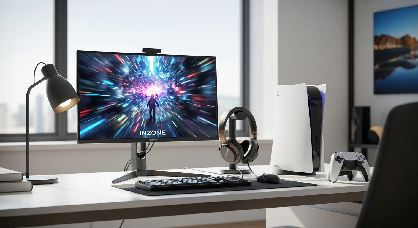 Un escritorio moderno que muestra un ecosistema de computadoras y tecnología Sony, incluyendo un monitor INZONE, auriculares y una consola PlayStation 5.