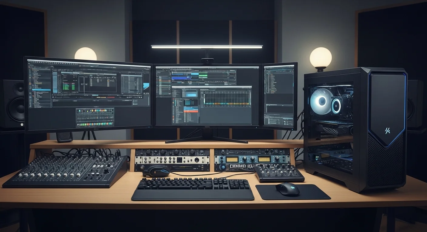 Moderno setup de computadora Studio con múltiples monitores y accesorios para producción creativa y profesional.