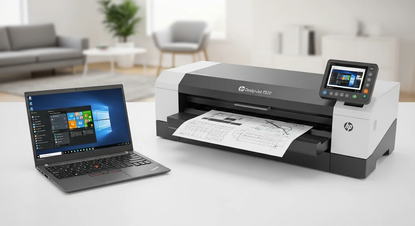 Una imagen compuesta que muestra una laptop Lenovo ThinkPad T520 junto a un plotter HP DesignJet T520 en un entorno de oficina moderno