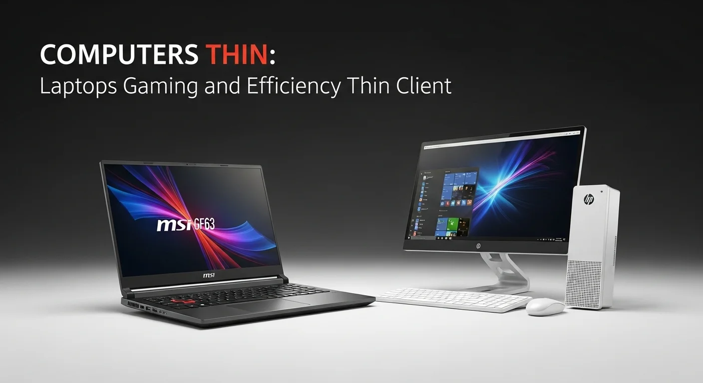 Una composición de computadoras thin, mostrando una laptop gaming delgada MSI GF63 al lado de un puesto de trabajo minimalista con un thin client HP.