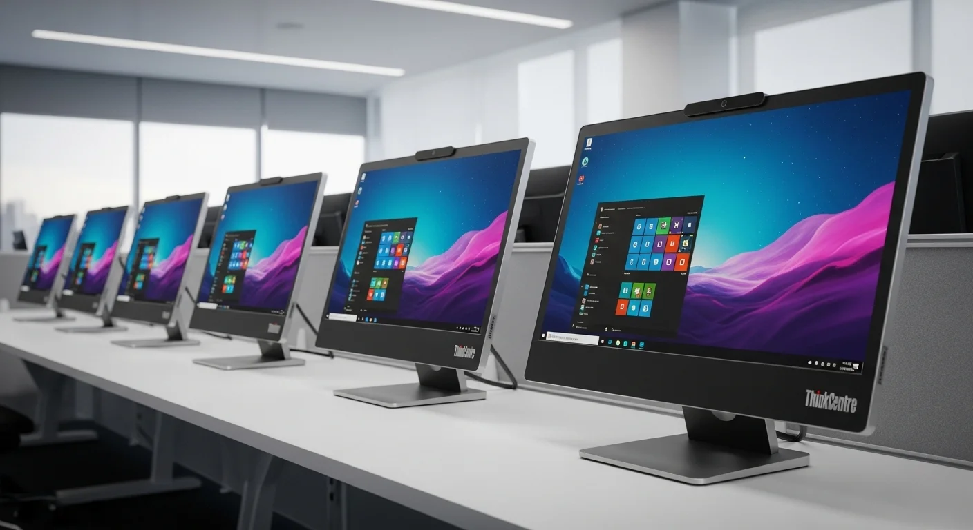 Fila de computadoras All-in-One Lenovo Thinkcentre en un entorno de oficina moderno, mostrando su diseño profesional.