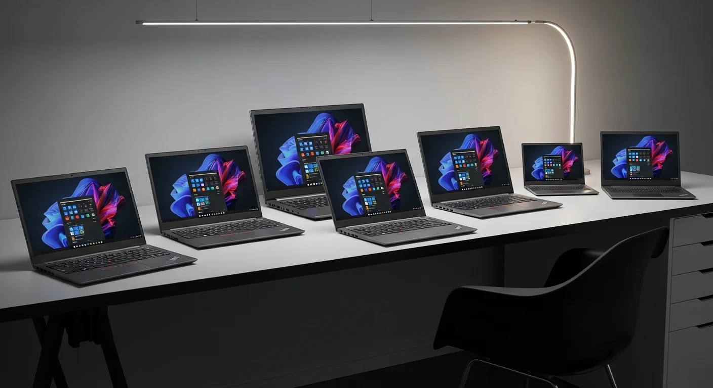 Línea completa de computadoras laptops Lenovo ThinkPad sobre un escritorio de oficina moderno.