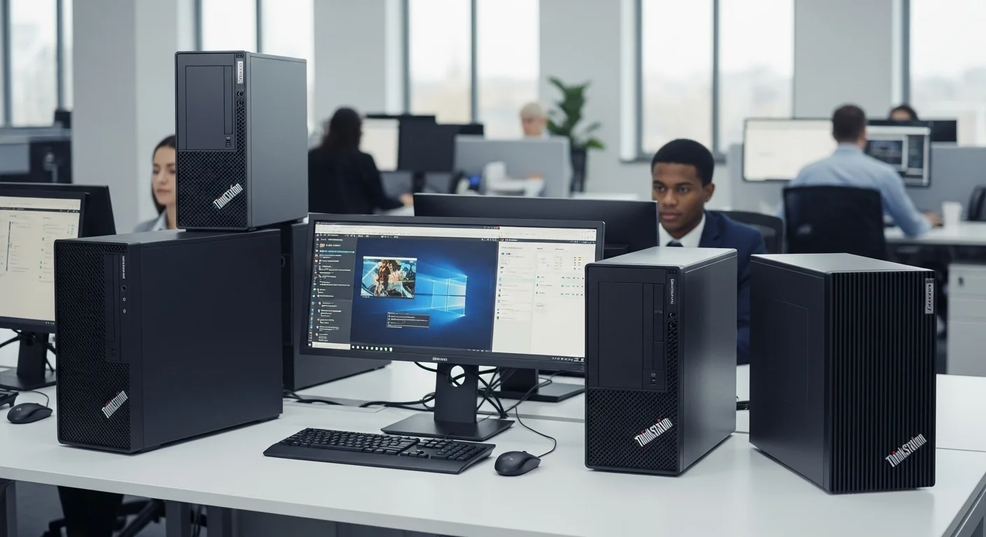 Varias computadoras Lenovo Thinkstation, incluyendo modelos torre y SFF, mostrando su diseño profesional y tecnológico en un entorno de oficina moderno.