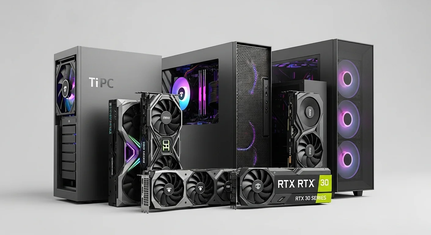 Una composición de varias computadoras y tarjetas gráficas de la serie RTX 30, destacando la tecnología de las computadoras Ti Pc.