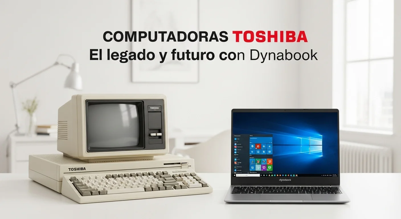 Una composición de computadoras Toshiba y Dynabook, mostrando la evolución desde un modelo vintage de Toshiba hasta una moderna laptop Dynabook.