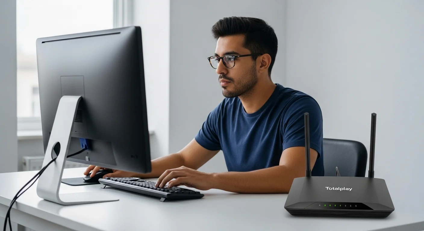 Una persona trabajando en su computadora de escritorio junto a un router de Totalplay, simbolizando la conexión a internet y la optimización de la red.