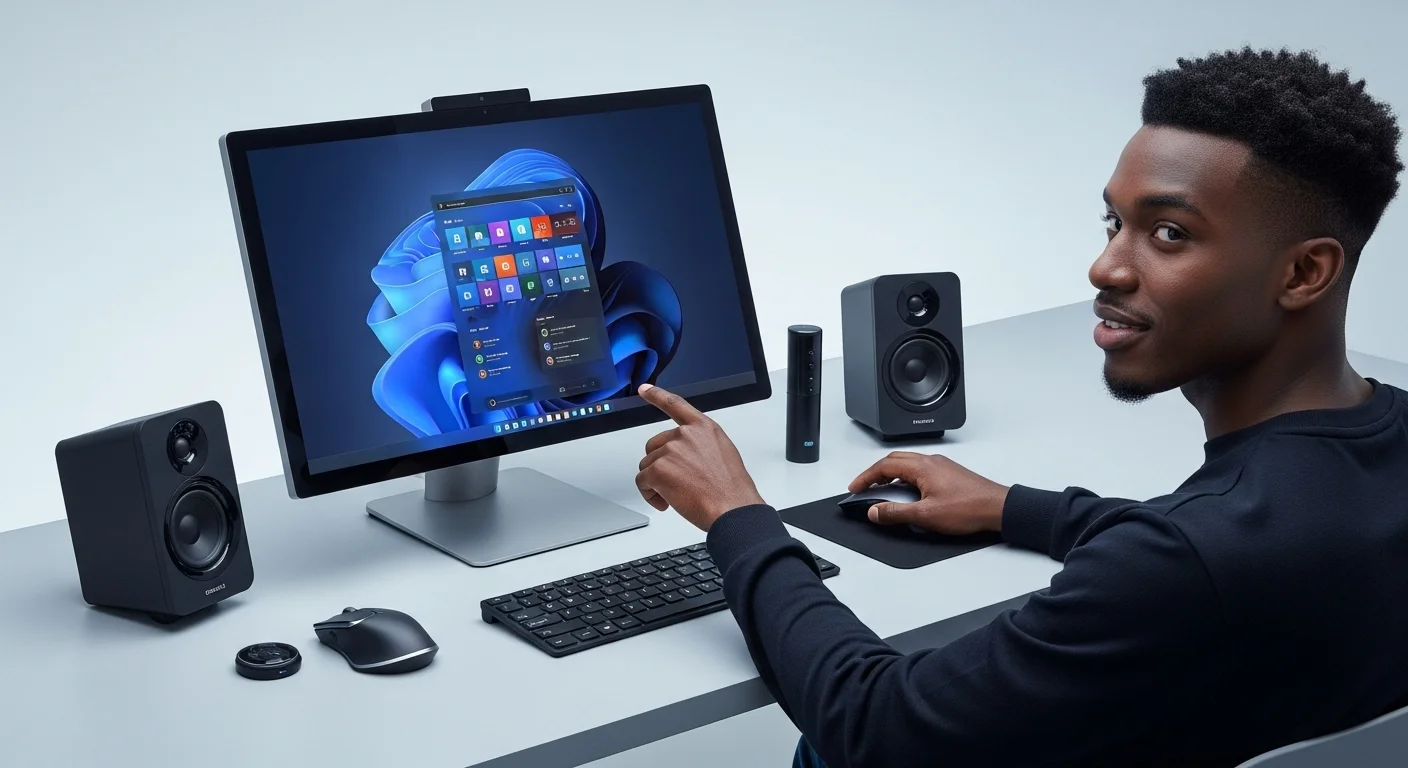 Una persona utilizando una computadora All-in-One con una gran pantalla touch, rodeada de tecnología y accesorios de oficina.