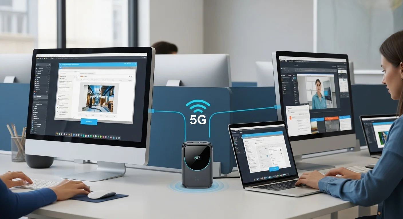 Varias computadoras y laptops en un espacio de oficina moderno conectadas a internet a través de un dispositivo hotspot 5G, mostrando un escenario de trabajo sin modem tradicional.