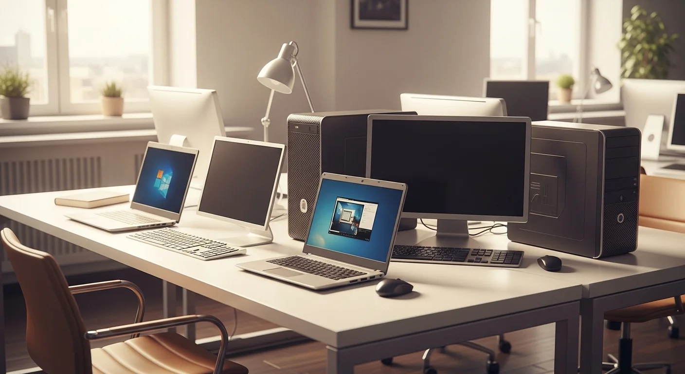 Una selección de computadoras y laptops usadas en un entorno de oficina moderno, mostrando la viabilidad de la tecnología reacondicionada.