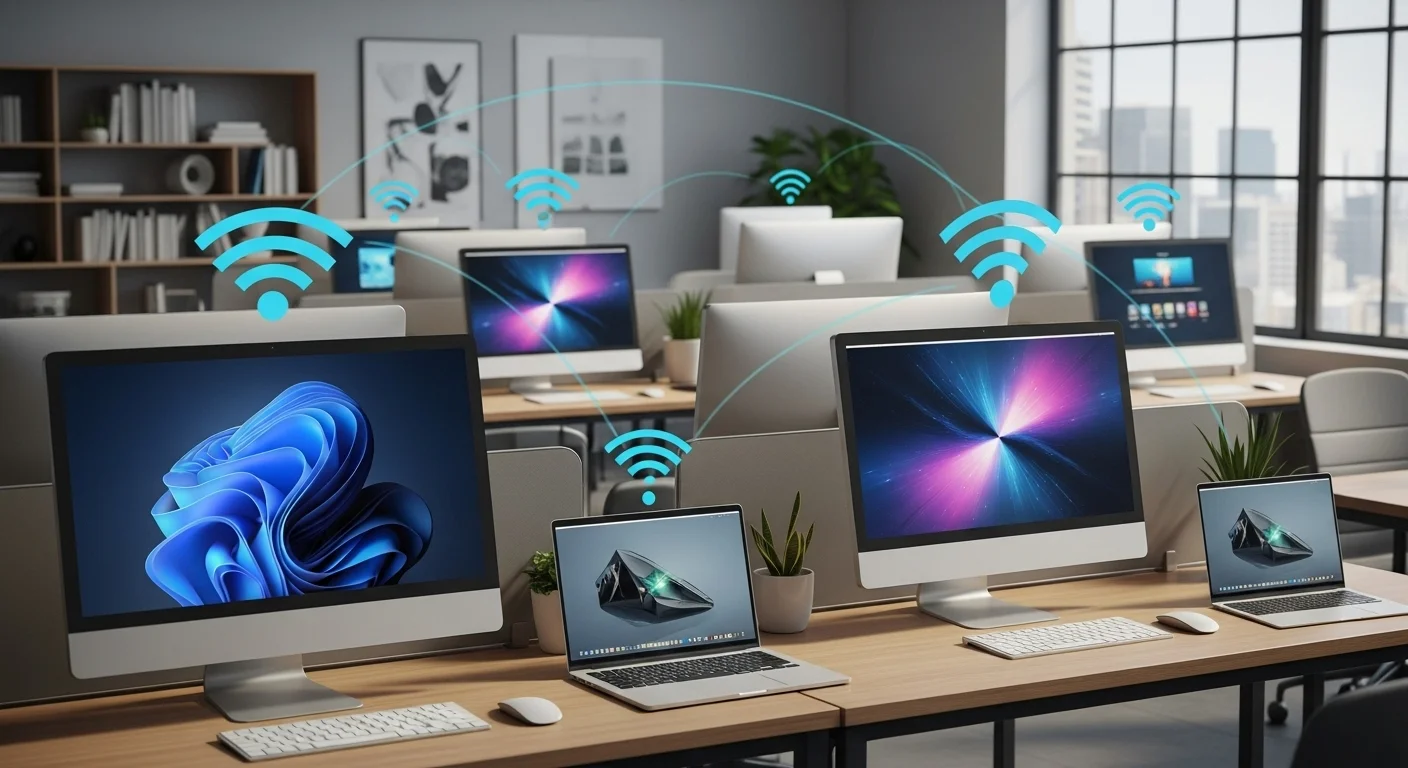 Varias computadoras y laptops en un entorno de oficina moderno conectadas a una red Wifi 6 de alta velocidad.