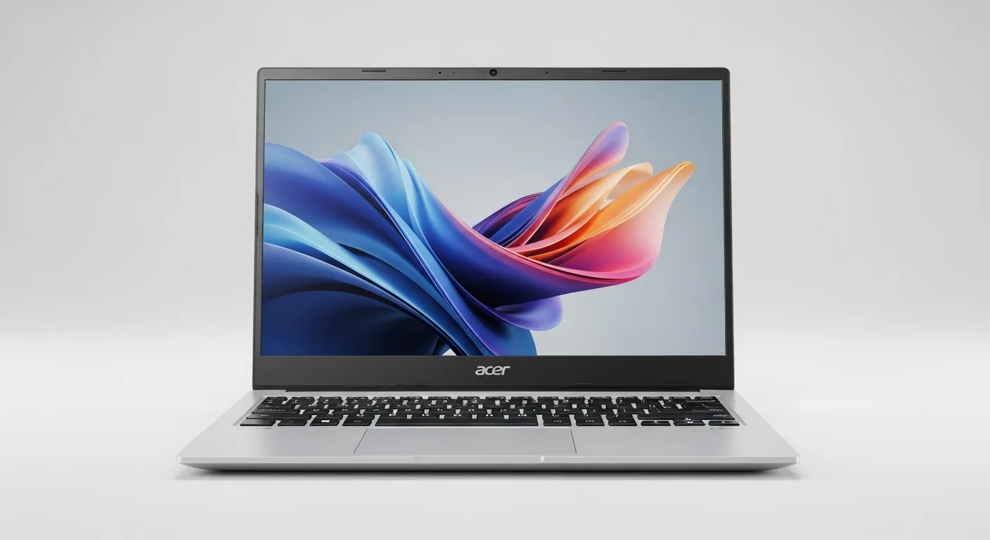 Vista frontal de una computadora portátil Acer Aspire V5, mostrando su diseño delgado, pantalla y teclado tipo chiclet.
