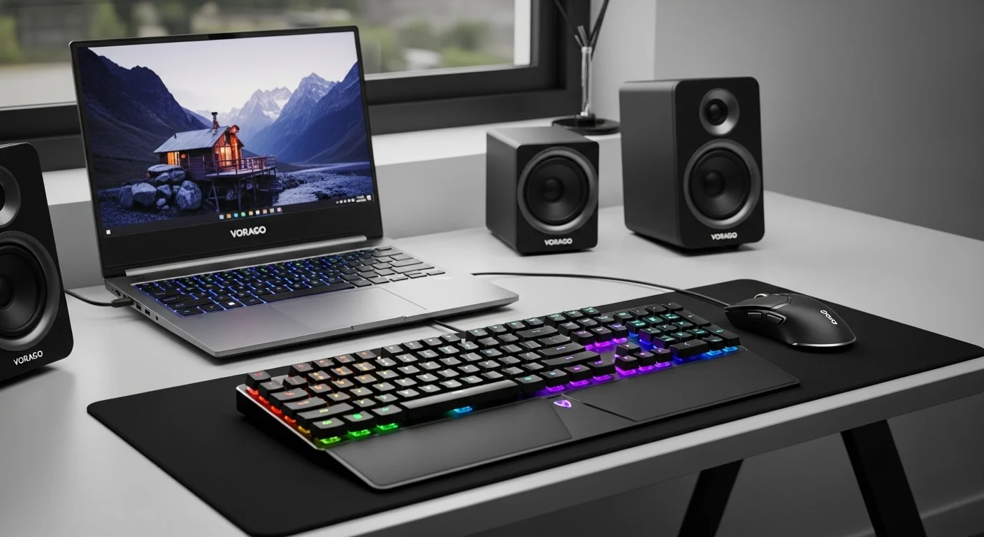 Ecosistema de computadoras y accesorios Vorago, mostrando una laptop, un teclado gamer iluminado, un mouse y unas bocinas sobre un escritorio moderno.