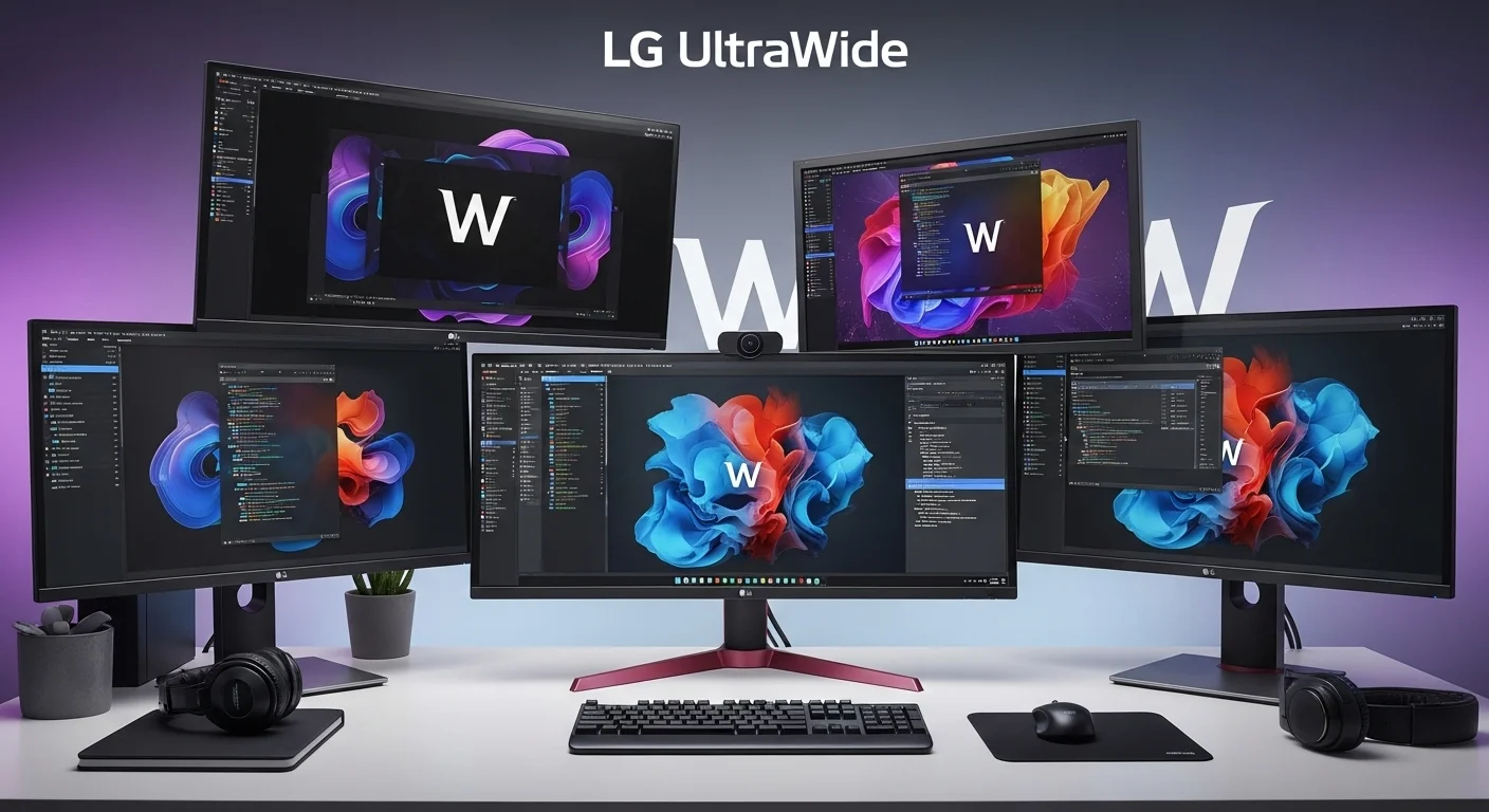 Moderno setup de computadoras con múltiples monitores W de alta resolución, incluyendo un LG UltraWide, mostrando gráficos y código.