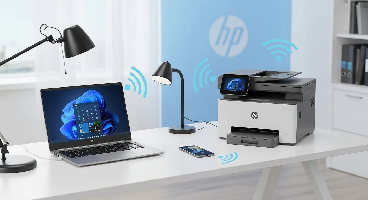 Un moderno escritorio de oficina con una laptop HP, una impresora hp multifuncional wifi y un smartphone, todos conectados inalámbricamente, simbolizando el ecosistema Wifi Hp.