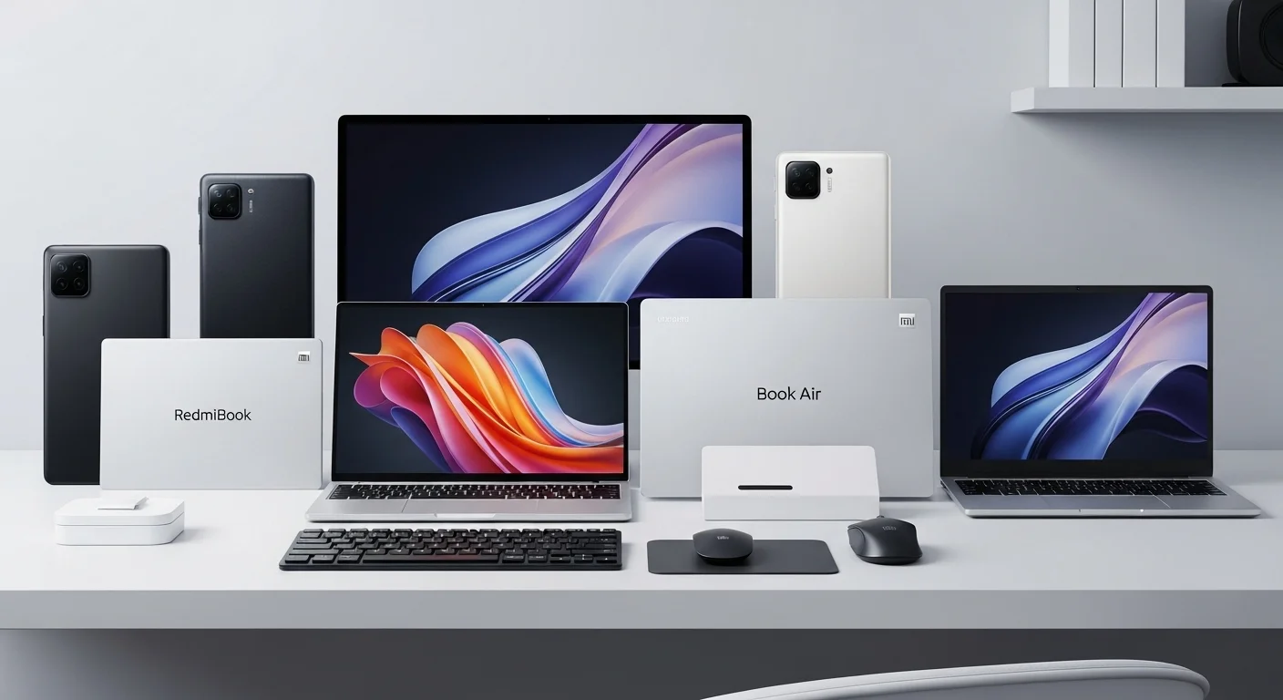 Una composición de varias computadoras y laptops Xiaomi, incluyendo un RedmiBook y un Book Air, sobre un escritorio moderno junto a un monitor y otros accesorios.