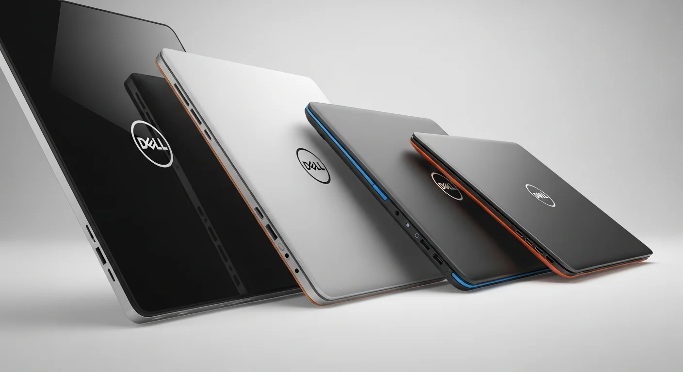 Una fila de varias computadoras portátiles Dell XPS 13, mostrando la evolución del diseño y la tecnología a lo largo de los años. En la imagen se aprecian modelos con diferentes acabados y grosores, destacando el icónico logo de Dell.
