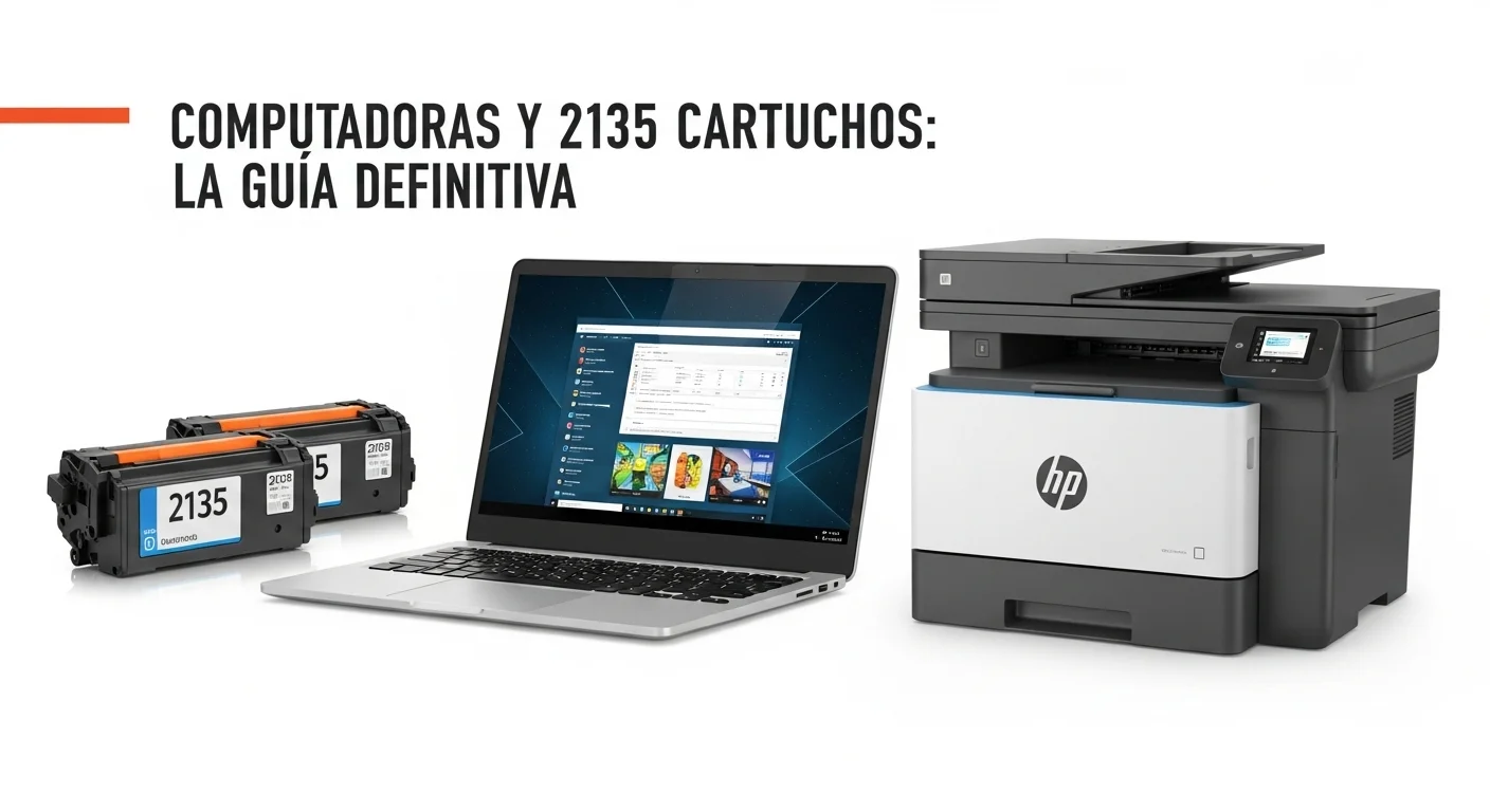 Cartuchos 2135 junto a una laptop y una impresora HP, representando la conexión entre computadoras y consumibles de impresión.
