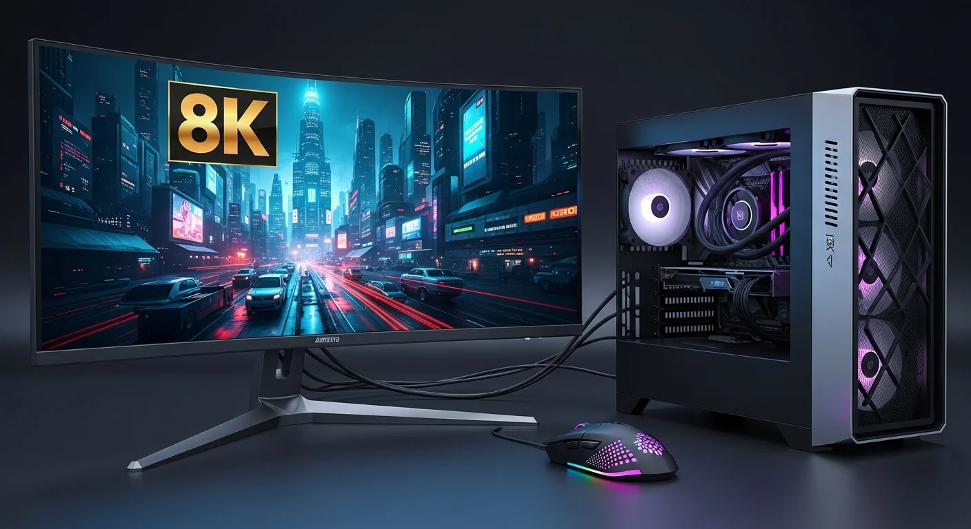 Una computadora de alto rendimiento conectada a un monitor 8K mostrando un paisaje de alta resolución, con un ratón gaming iluminado al lado.