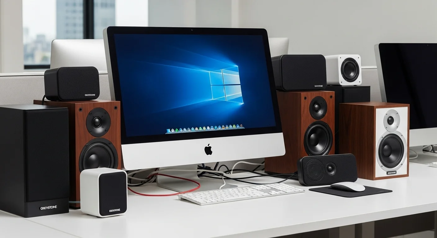 Escritorio de oficina moderno con varias computadoras y una selección de bocinas Greystone de diferentes modelos, mostrando la integración tecnológica.
