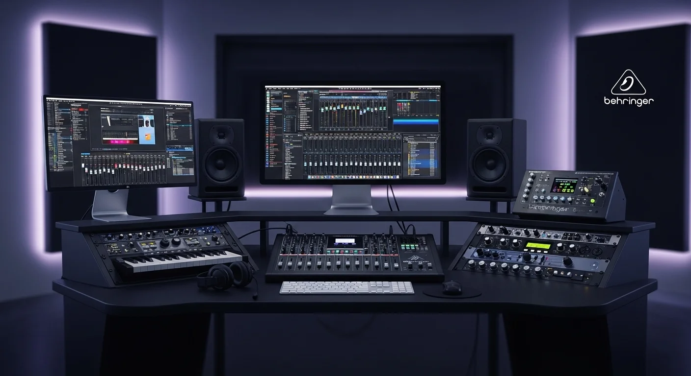 Estudio de producción musical moderno con computadoras controlando una mezcladora y monitores de audio Behringer