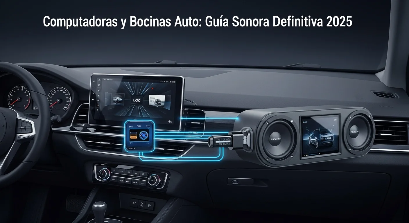 Diagrama conceptual mostrando la conexión entre la computadora de un sistema de infoentretenimiento y un set de bocinas para auto de alta calidad.