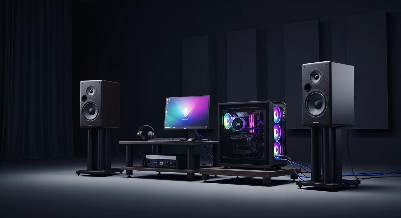 Setup de computadoras y altavoces grandes para un evento, mostrando la conexión entre tecnología y sonido potente.