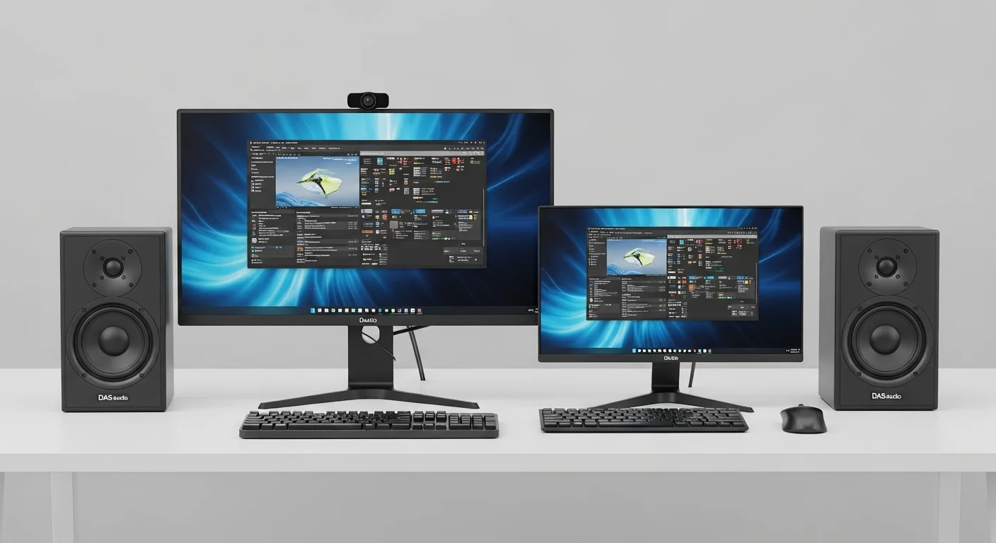 Una configuración de escritorio con dos computadoras y altavoces DAS Audio profesionales al lado de los monitores, mostrando la sinergia entre tecnología y audio de alta fidelidad.