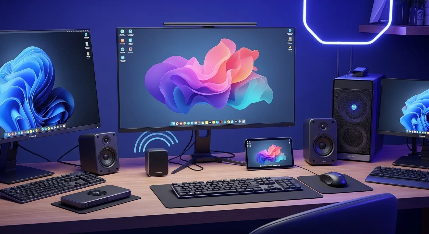 Un escritorio moderno con varias computadoras y dispositivos Bluetooth conectados, como bocinas, teclado y mouse, ilustrando el concepto de Bluetooth Precio.