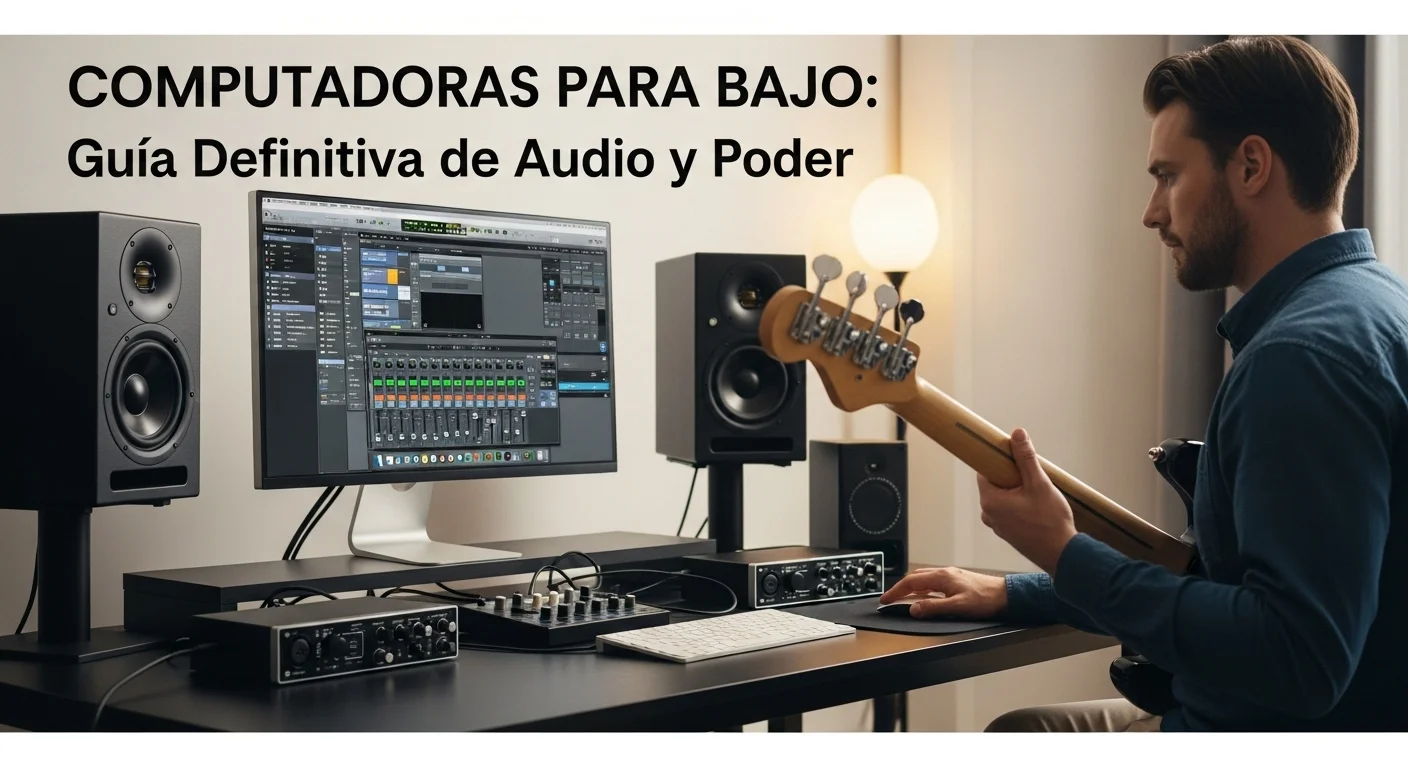 Setup de producción musical con computadoras, monitores de estudio y una interfaz de audio, representando la tecnología para bajo.