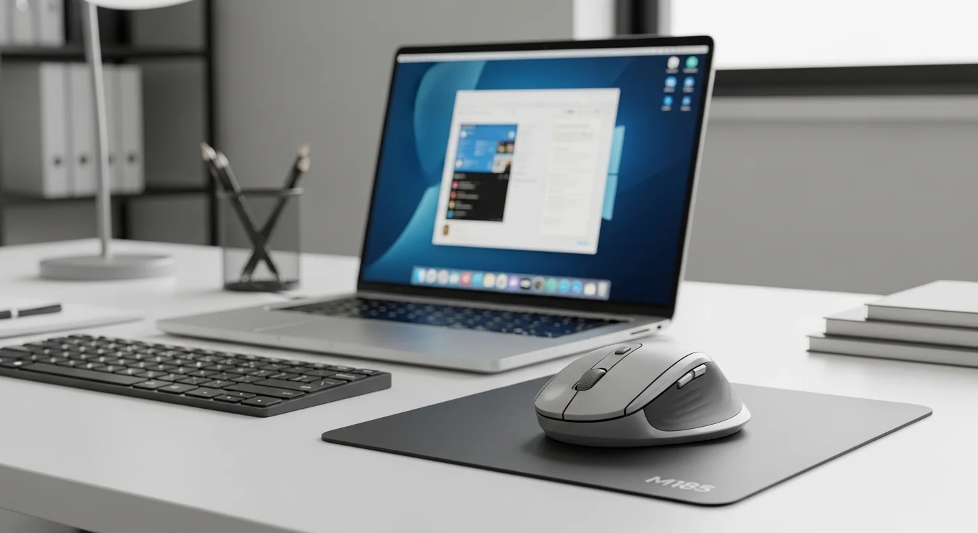Una configuración de oficina moderna con computadoras y un mouse Logitech M185 en primer plano, destacando la eficiencia y simplicidad.