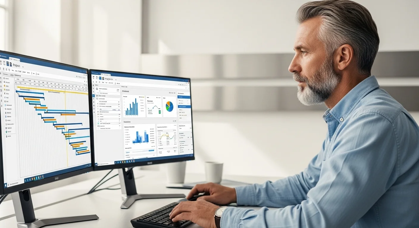 Un gerente de proyectos utilizando un software de gestión tipo Project en una configuración de computadoras con múltiples monitores, mostrando diagramas de Gantt y dashboards.