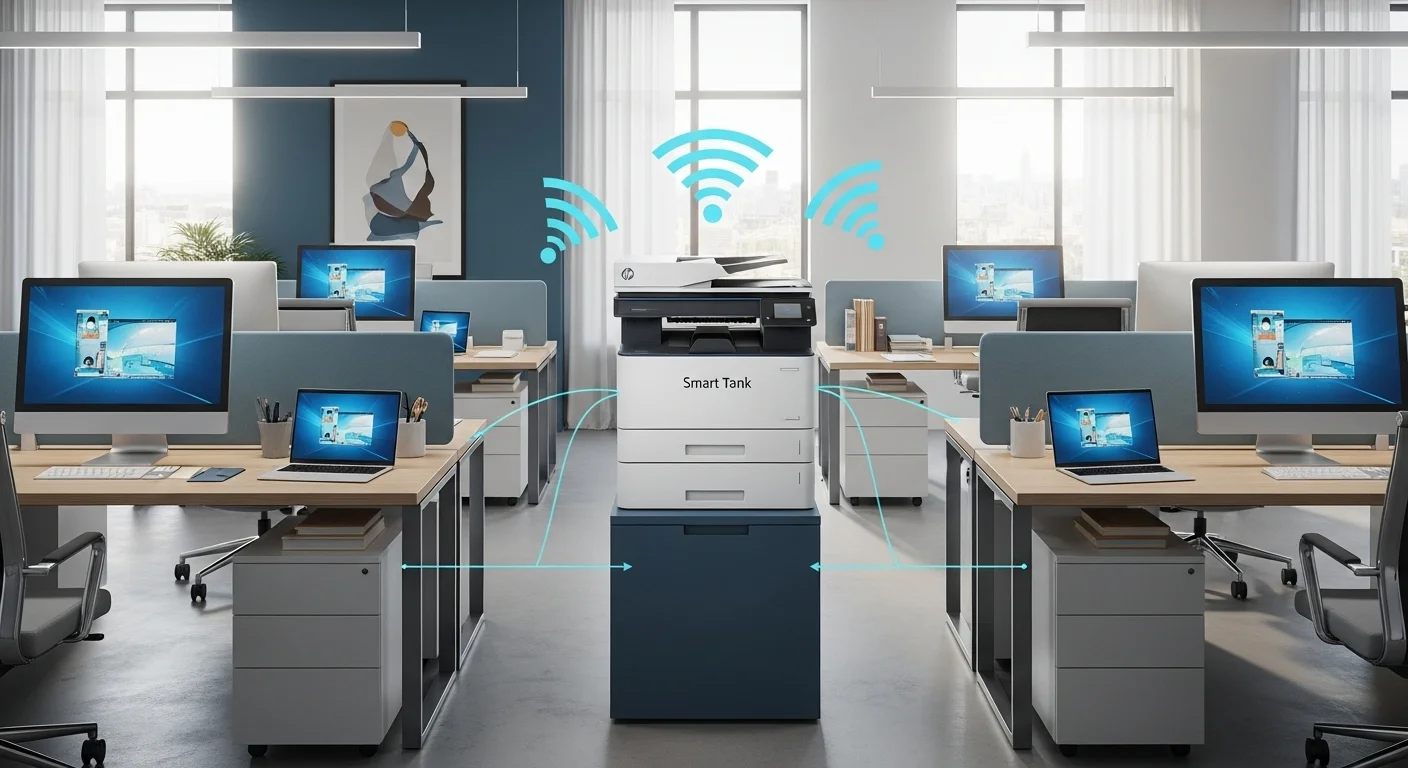 Una oficina moderna con varias computadoras y laptops conectadas de forma inalámbrica a una impresora HP Smart Tank, mostrando un flujo de trabajo eficiente.