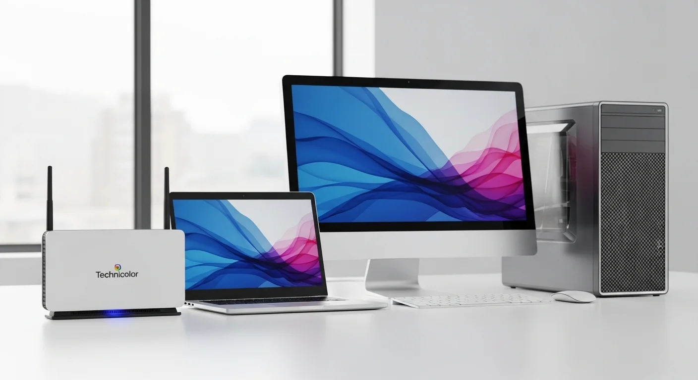 Router Technicolor moderno al lado de una laptop y una computadora de escritorio, simbolizando la conexión y optimización de la red doméstica.