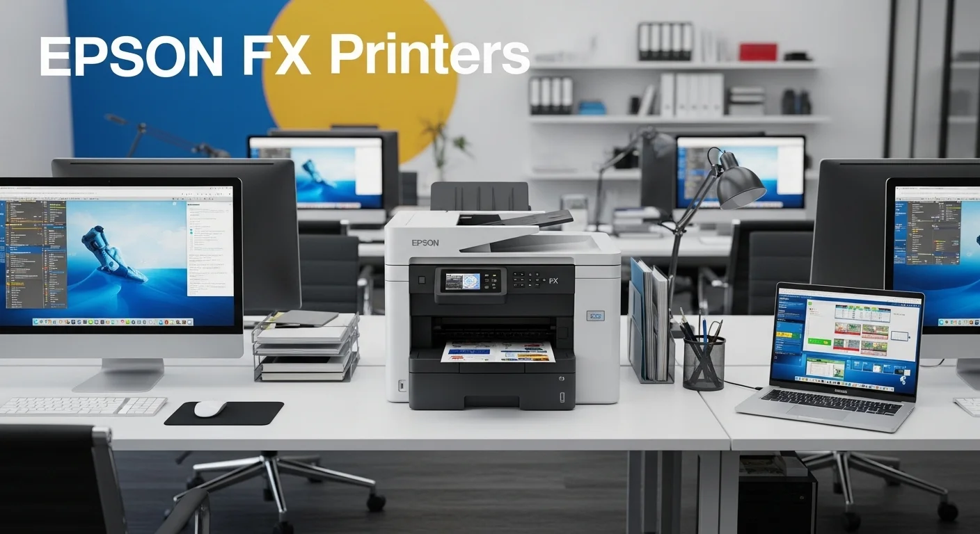 Una impresora Epson FX en un entorno de oficina moderno junto a varias computadoras y equipo tecnológico