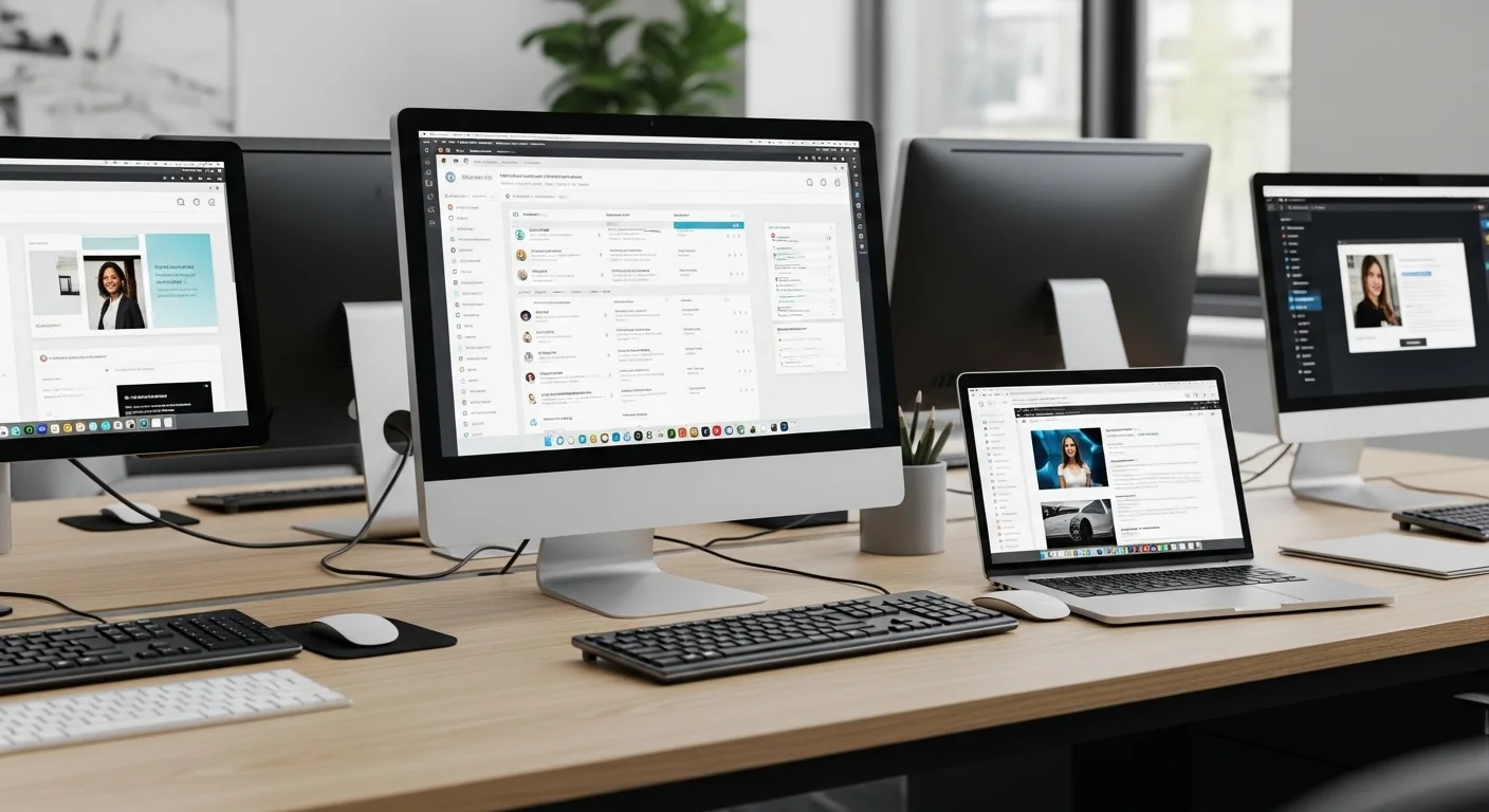 Un escritorio de oficina moderno con varias computadoras y laptops mostrando interfaces de software de herramientas y productividad.