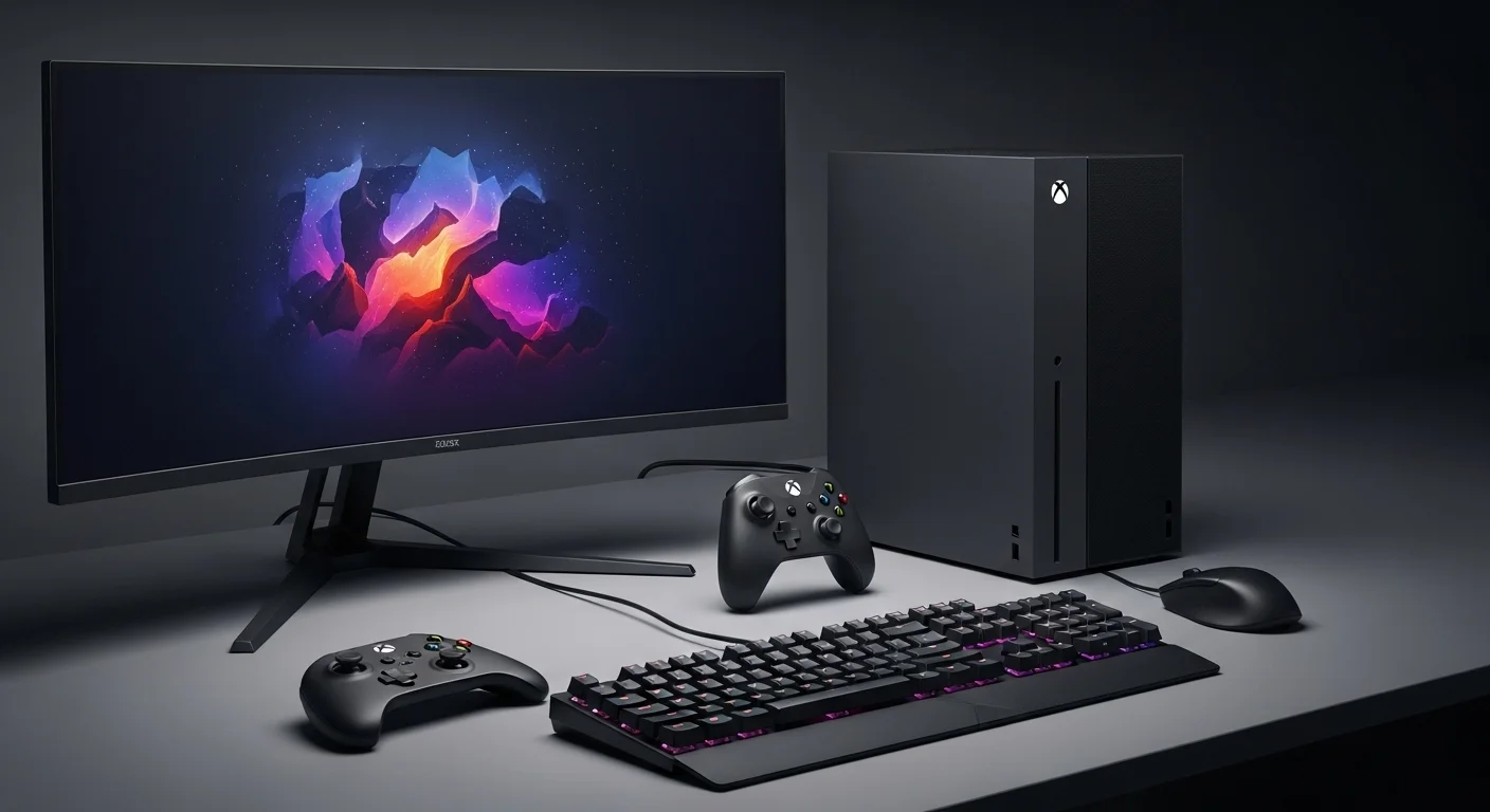 Estación de juego moderna con una consola Xbox Series X junto a un monitor curvo de alta gama y un teclado mecánico iluminado, representando la fusión de computadoras y Xbox.