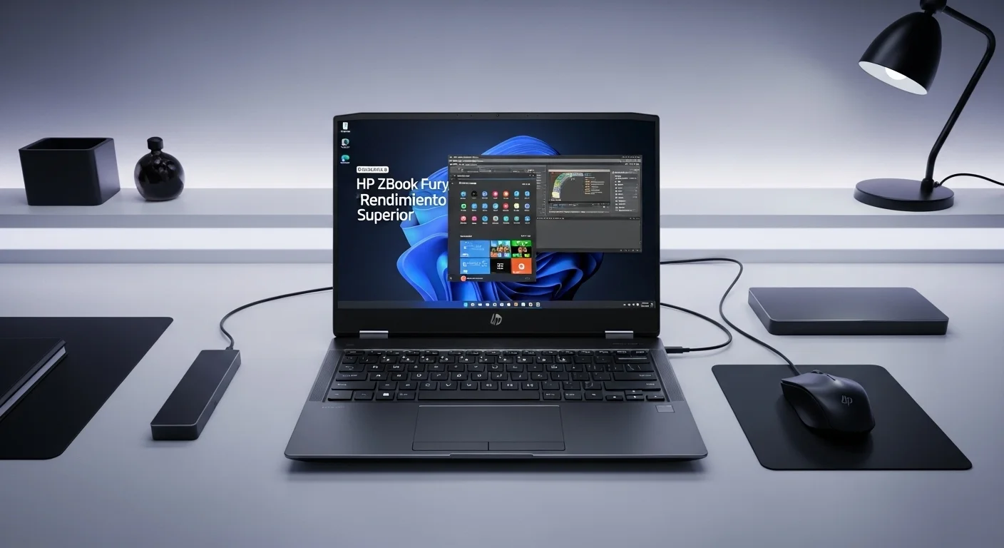 Computadora portátil HP Zbook Fury de última generación abierta sobre un escritorio de trabajo profesional, simbolizando potencia y tecnología.