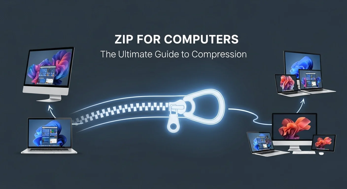 Una imagen conceptual que muestra varias computadoras y laptops con un símbolo de cremallera (Zip) flotando entre ellas, representando la compresión y transferencia de archivos.