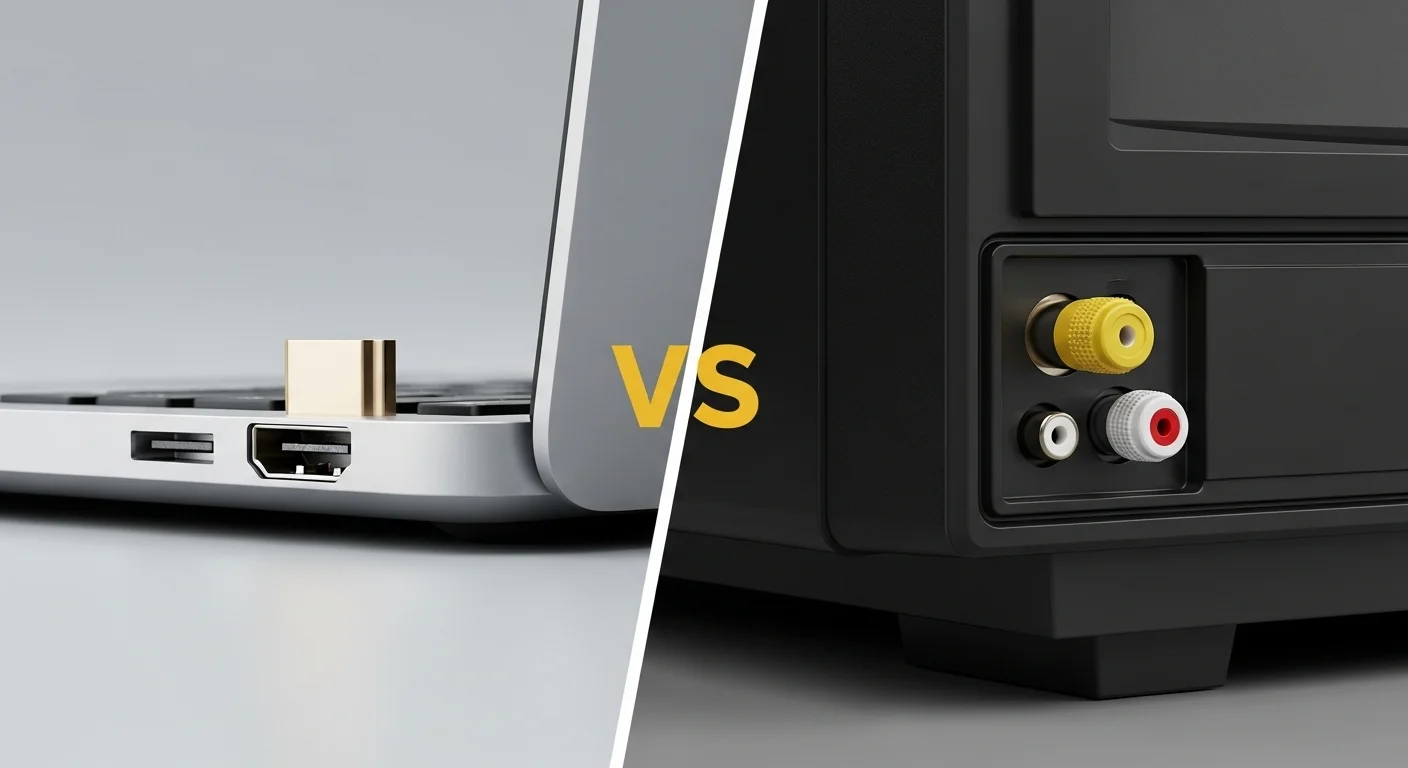 Comparativa visual entre un moderno puerto HDMI en una laptop y un antiguo puerto RCA (amarillo, rojo, blanco) en un televisor.