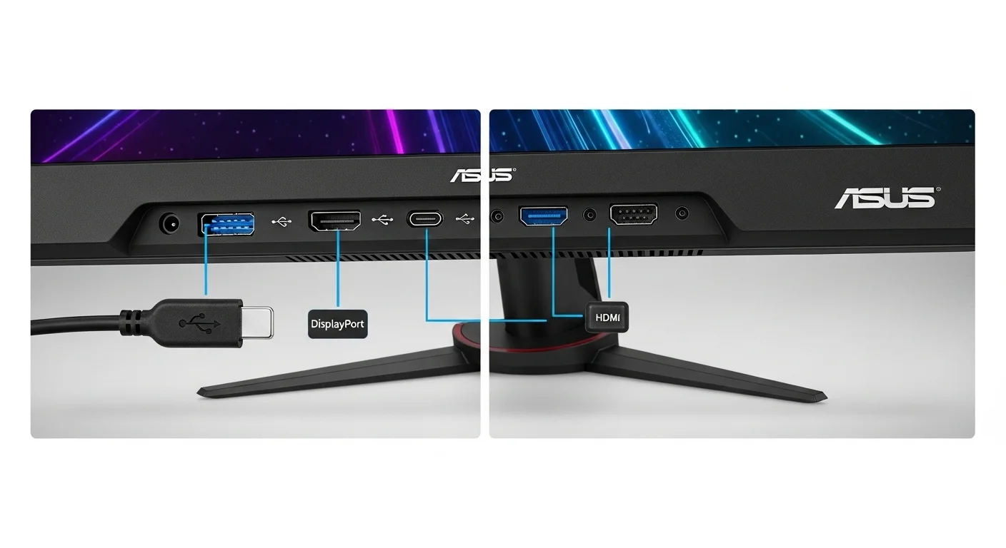 Vista detallada de los puertos de conectividad de un monitor Asus 27 pulgadas, incluyendo USB-C, HDMI y DisplayPort, clave para la sinergia con computadoras.