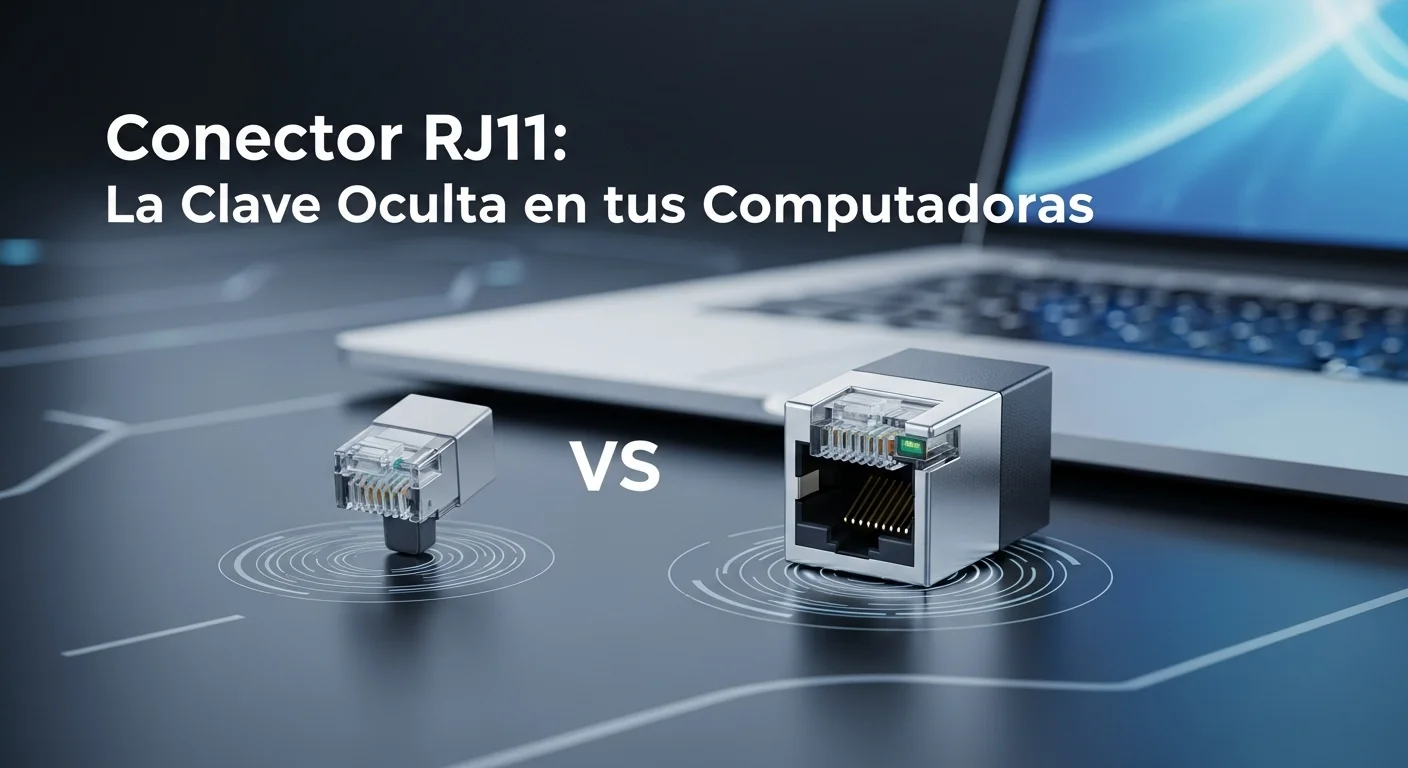 Comparativa visual entre un conector RJ11 (telefónico, más pequeño) y un conector RJ45 (Ethernet, más grande) sobre un fondo tecnológico con una computadora.