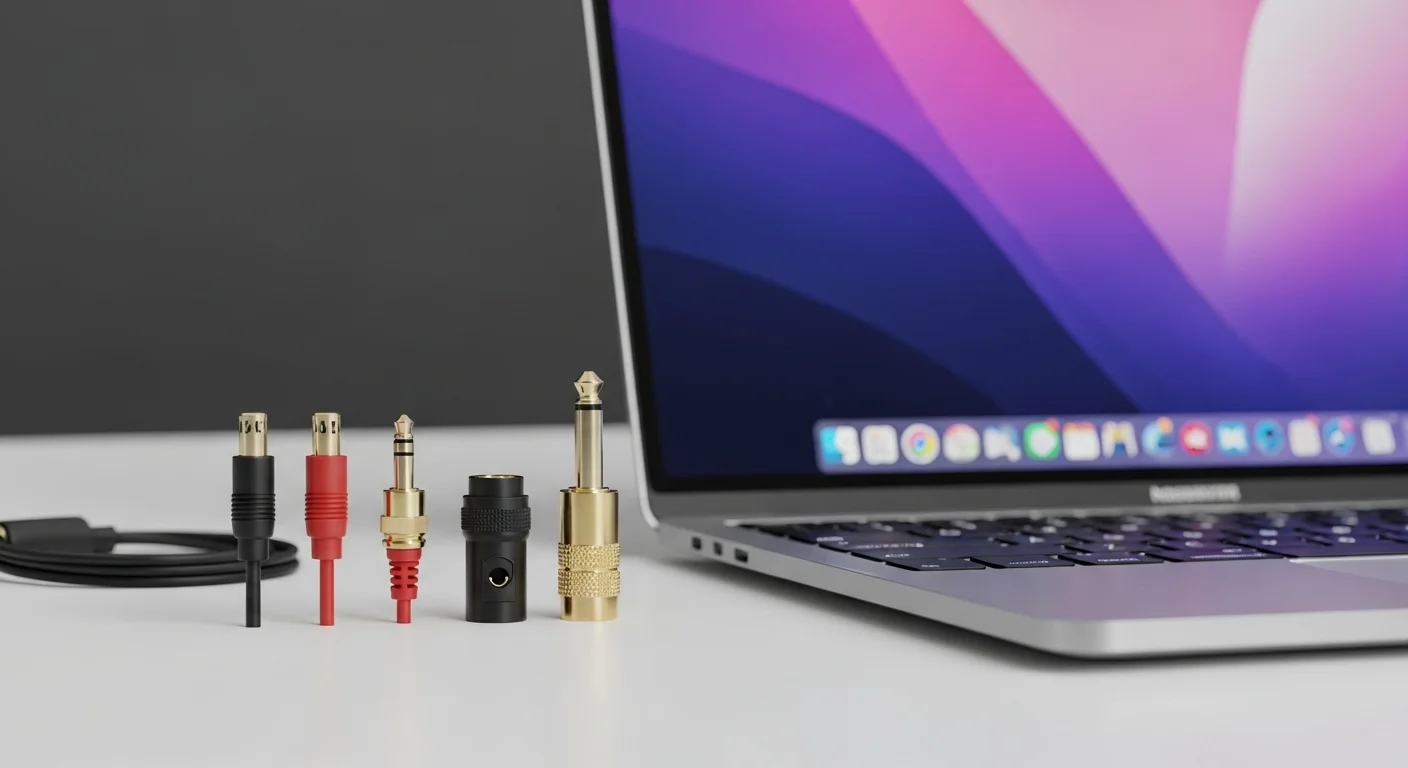 Una selección de conectores de audio plug, incluyendo un mini plug de 3.5mm y un plug de 1/4 de pulgada, junto a una laptop.