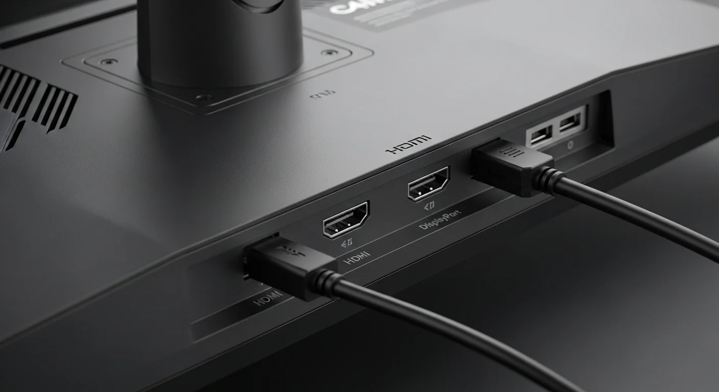 Conectores HDMI y DisplayPort en la parte trasera de un monitor, destacando la importancia de la conexión correcta para alcanzar 144 Hz.