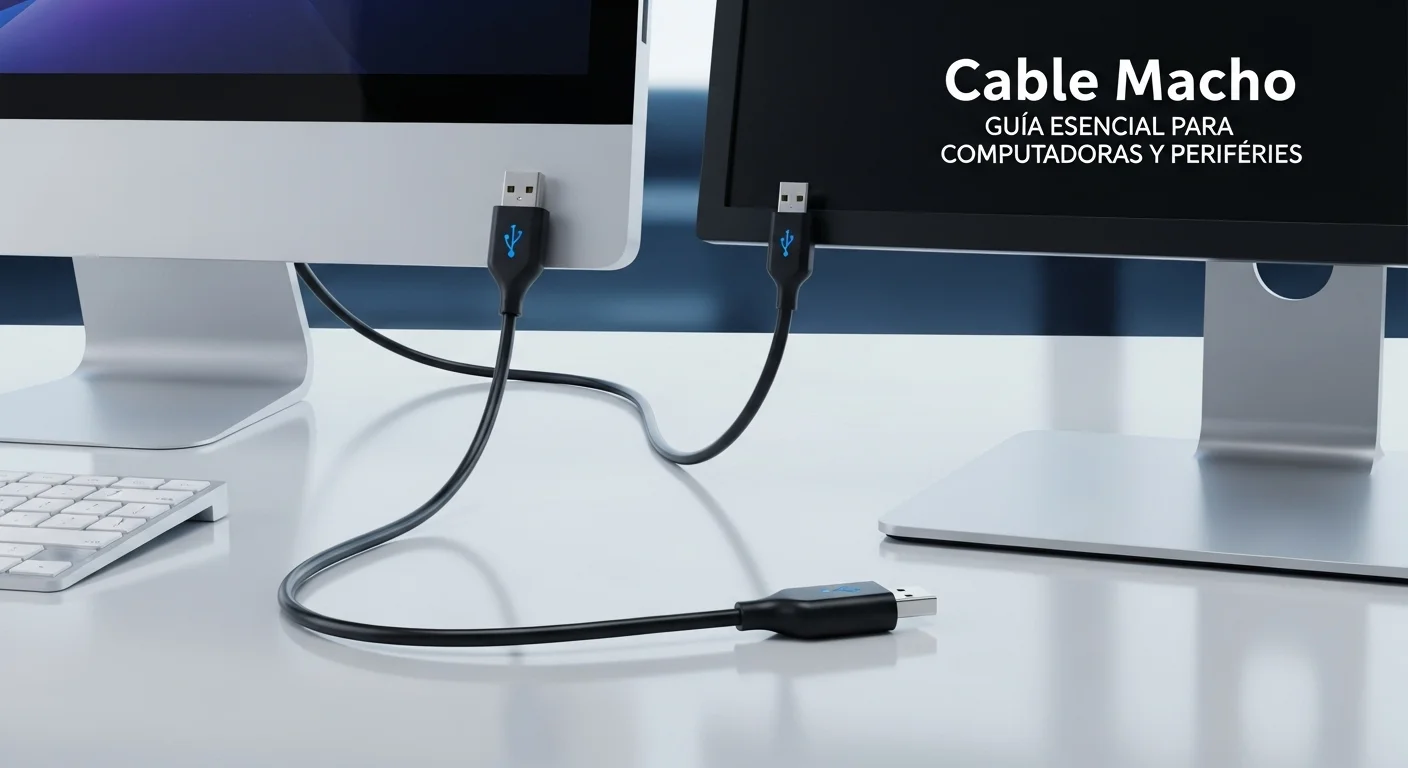 Un cable USB macho macho conectando dos dispositivos electrónicos sobre una superficie de trabajo moderna, simbolizando la transferencia de datos entre computadoras.